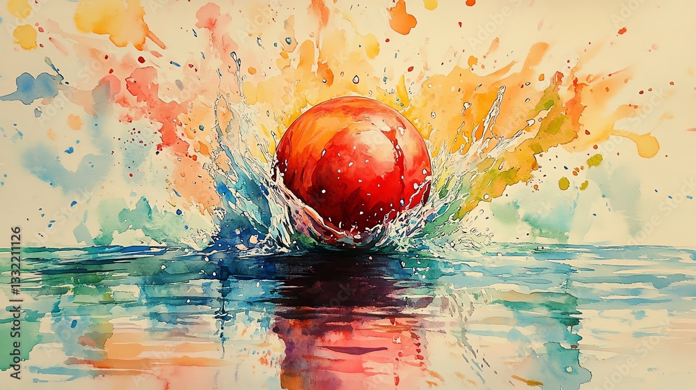 Poster a colorful and energetic watercolor painting of a bowling ball splashing into water, capturing the a