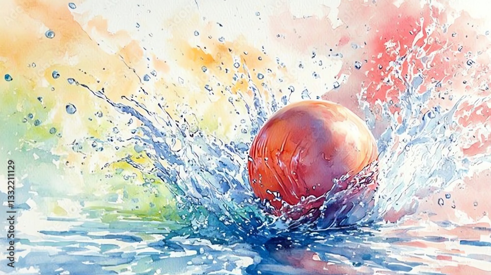 Poster a colorful and energetic watercolor painting of a bowling ball splashing into water, capturing the a