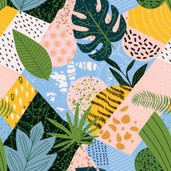 Vibrant tropical patterns in a playful collage showcasing various leaf designs and colors