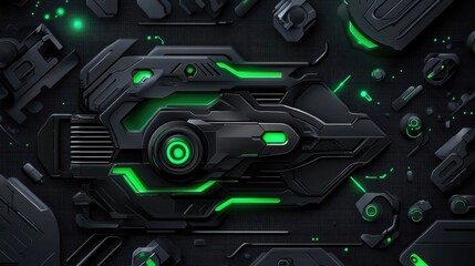 Fototapeta premium Futuristic black mechanical object emits green light, abstractly laid upon a dark textured surface