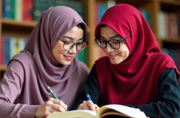 Two young women in hijabs focus on their studies at a library. They share notes and collaborate on assignments creating a productive atmosphere in a scholarly environment.