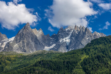 Aiguilles de Chamonix rocky granite mountain peaks in french Alps around Mont Blanc summit in...