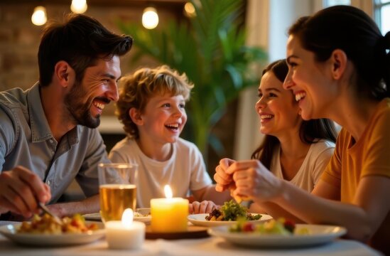 Four family members share a joyful dinner smiling and laughing around the table. Candles illuminate the cozy atmosphere as they savor their meal and connect with each other.