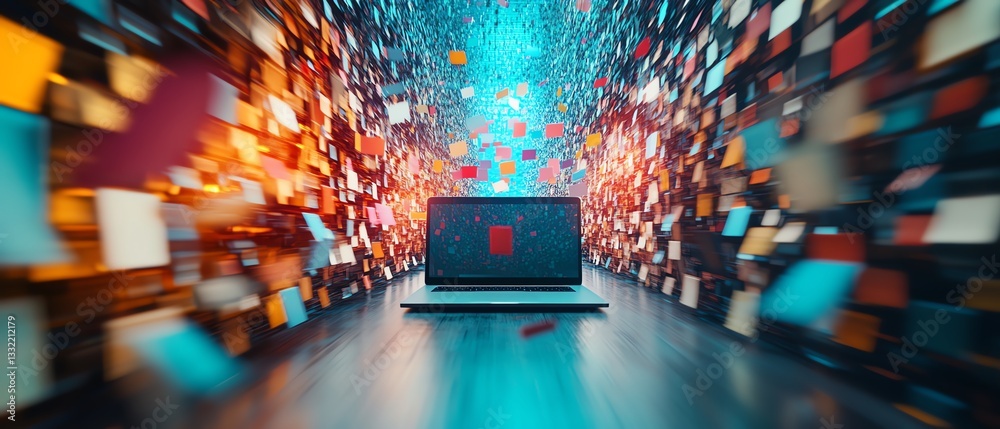 Poster A futuristic and vibrant digital scene of a laptop surrounded by colorful files and streaming data, symbolizing the constant flow of information in a technologydriven world