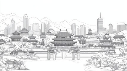 Fototapeta premium Ancient Palace Skyline Modern City Blend - Ancient architecture, modern cityscape, cultural heritage, urban development, harmonious contrast. Symbolizing history, progress, tradition, innovation