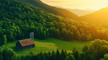 serene wooden building with iron tower is nestled in lush green forest, surrounded by rolling hills and bathed in warm sunlight. tranquil landscape evokes sense of peace and connection to nature