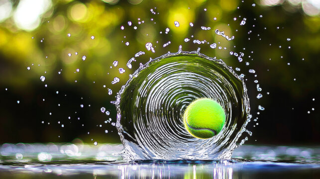 A spinning tennis ball splashes water in a spiral
