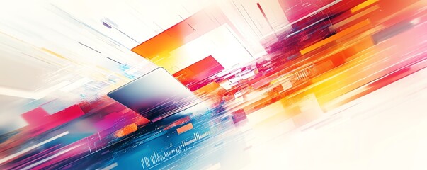 A lively and vibrant digital illustration with a laptop, colorful files, and streaming data, representing the interconnected flow of information in the world of technology