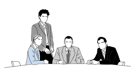 Business meeting in conference room. Business women and men sitting, taking part in discussion, brainstorming. Minimalist hand drawn vector outline illustration isolated 