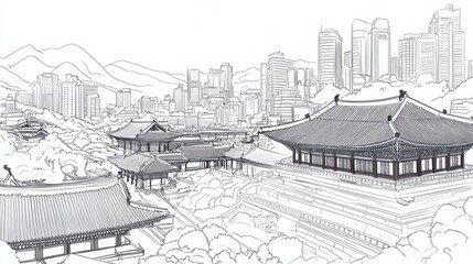 Ancient Palaces and Modern Skyline - A captivating blend of traditional Korean architecture and a modern cityscape, symbolizing heritage, progress, contrast, harmony, and urban evolution