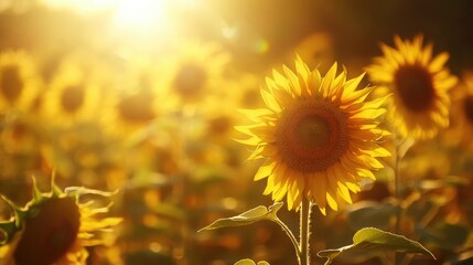 Obraz premium A magical sunflower field bathed in golden light during sunset.
