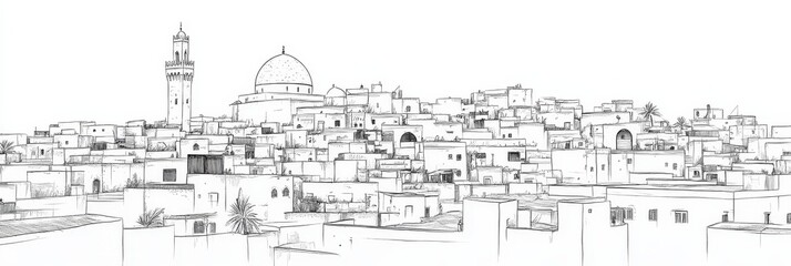 Obraz premium Tunisian Cityscape Line Art Sketch - Architectural sketch of a Tunisian city, showcasing historical buildings, a mosque, and the Mediterranean atmosphere. Illustrates history, culture, architecture