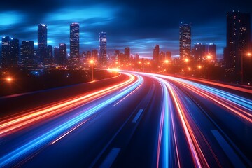 Fototapeta premium Vibrant Urban Nightscape: Light Trails on City Highway for Modern Design