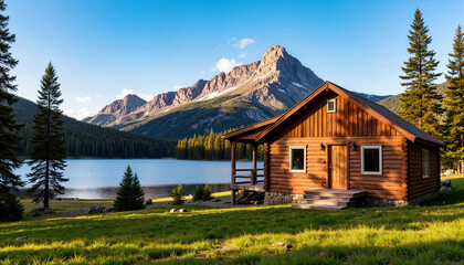 Picturesque fishing cabin by serene lake at dawn, rustic tranquility