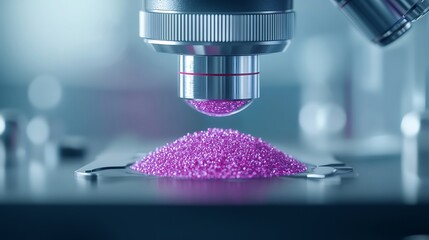A close-up of a microscope focusing on a mound of vibrant pink granules, showcasing details important for scientific examination.