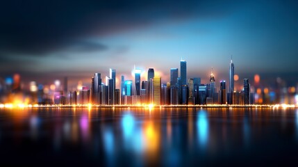 Night skyline of a vibrant city with illuminated skyscrapers reflecting in water, serene ambiance