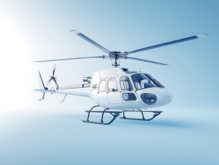 A modern white helicopter with blades poised mid air against blue backdrop