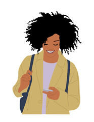 Young woman holding mobile phone. Smiling female Character with smartphone in hand. Pretty african american girl using gadget, surfing internet, chatting. Flat vector illustration
