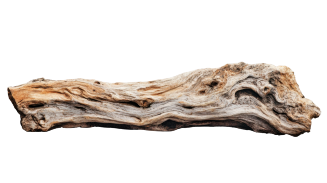 Weathered driftwood log isolated on transparent background