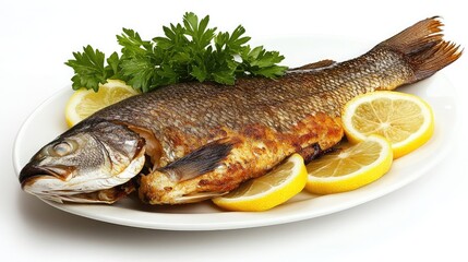 A plate of steamed white fish garnished with lemon slices and parsley on a white background.
