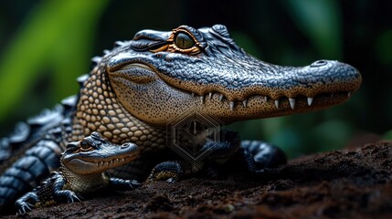 Obraz premium Close-up of alligator mother and babies on dark ground, lush green background