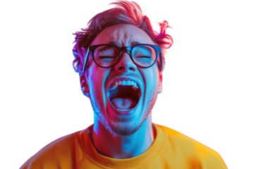 A Young Mans Ecstatic Scream, A Vibrant Burst Of Raw Emotion Under Dramatic Blue And Pink Lighting Isolated on Transparent Background