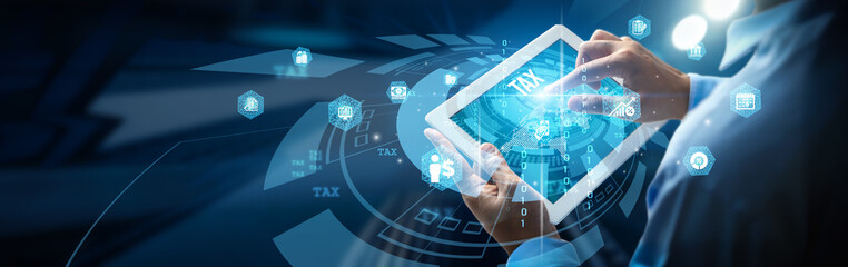 Person using a mobile digital interface, highlighting Tax filing, deductions, credits, refunds,...