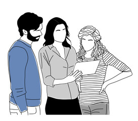 Team work business concept illustration. Men and women working together, looking at digital tablet. Modern vector simple outline drawing for graphic and web design. Isolated