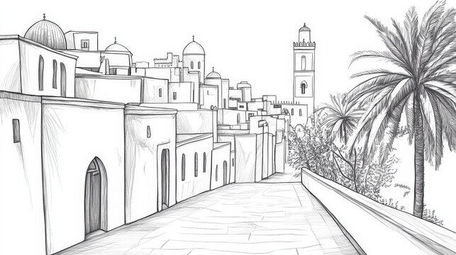 Tlemcen Algeria Cityscape Pencil Sketch - Charming architecture, traditional buildings, palm trees, winding streets, North African city. Evokes a sense of history, tranquility, and cultural heritage
