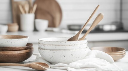 A rustic kitchen scene with white ceramic bowls and wooden spoons on a white linen cloth.