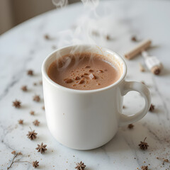 Obraz premium A cup of warm hot cocoa with steam on morning on table 