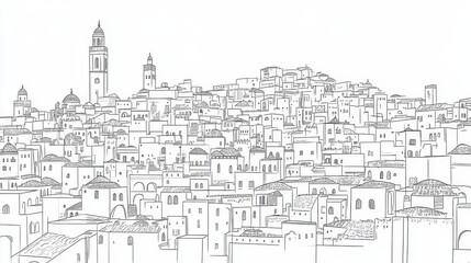 Skyline Line Art: A City of Architectural Wonders - A captivating line art illustration depicting a dense cityscape, symbolizing history, architecture, community, heritage, and urban exploration