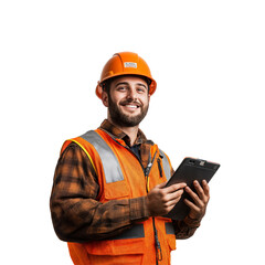 Construction Worker Holding Digital Tablet with a Friendly Smile