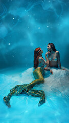 Two passionate young women, mermaids sitting deep in the ocean, executing love and tenderness...