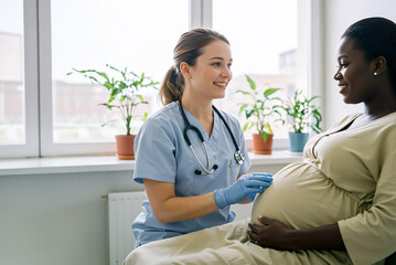 female doctor talking to her pregnant patient, giving her quality care and emotionally support.