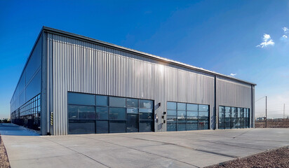 A modern industrial warehouse with a sleek metal exterior, featuring large glass windows and doors for natural lighting. The building has a corrugated metal facade and a clean concrete pavement surrou