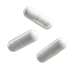Three white pills floating in mid-air isolated on transparent background 