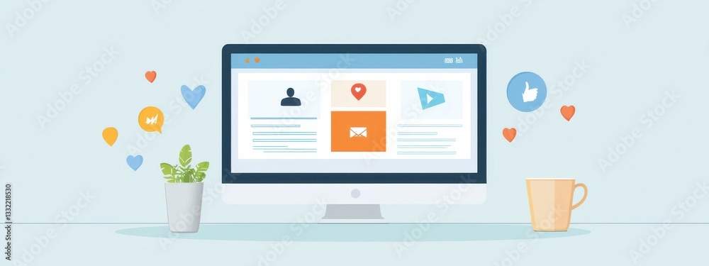 Poster modern computer screen displaying user interface and engagement symbols