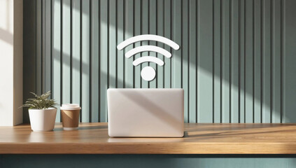 Wireless Technology and Future WiFi Concept, modern workspace featuring laptop, Wi Fi symbol, and plants