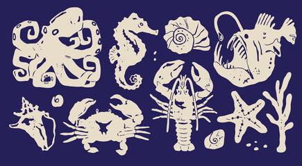 Marine, ocean life. Underwater sea creatures set. Octopus, seahorse, nautilus shell, angler fish, crab, lobster, starfish, coral. Hand drawn modern Vector illustration. Isolated design elements