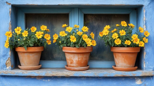 Yellow flowers in terracotta pots on a blue window sill