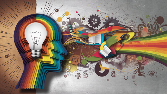 Rainbow layered head silhouette with lightbulb inside, symbolizing creative ideas and knowledge explosion,  books and gears represent learning and innovation