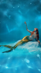 Fantasy mermaid, redhaired woman reaching out with mysterious hand gesture, sparkling tail shimmering in deep blue waters. Mythology. Concept of mystery, siren call, elegance, and ocean magic.