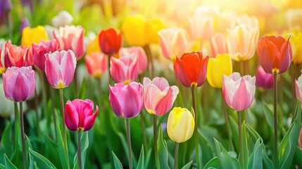 A vibrant field of blooming tulips in shades of pink, red, and yellow under a soft golden sunrise.