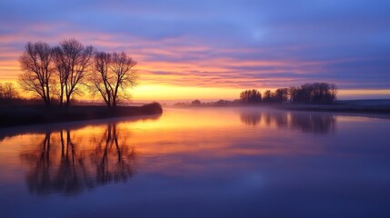 Obraz premium Serene sunset over a tranquil river reflecting vibrant colors and silhouetted trees