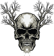 Skull with branches on the head, suitable for design elements