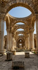 Ruins of a historical structure with magnificent arches and stone columns bathed in sunlight