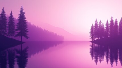 Fototapeta premium Serene twilight landscape featuring a tranquil lake surrounded by pine trees and misty mountains