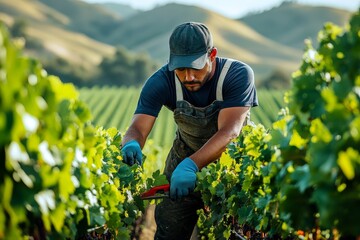 Worker examines grapevines in a vineyard during a sunny afternoon amidst rolling hills