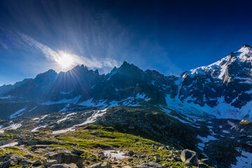 Aiguilles de Chamonix rocky granite mountain peaks in french Alps around Mont Blanc summit in...